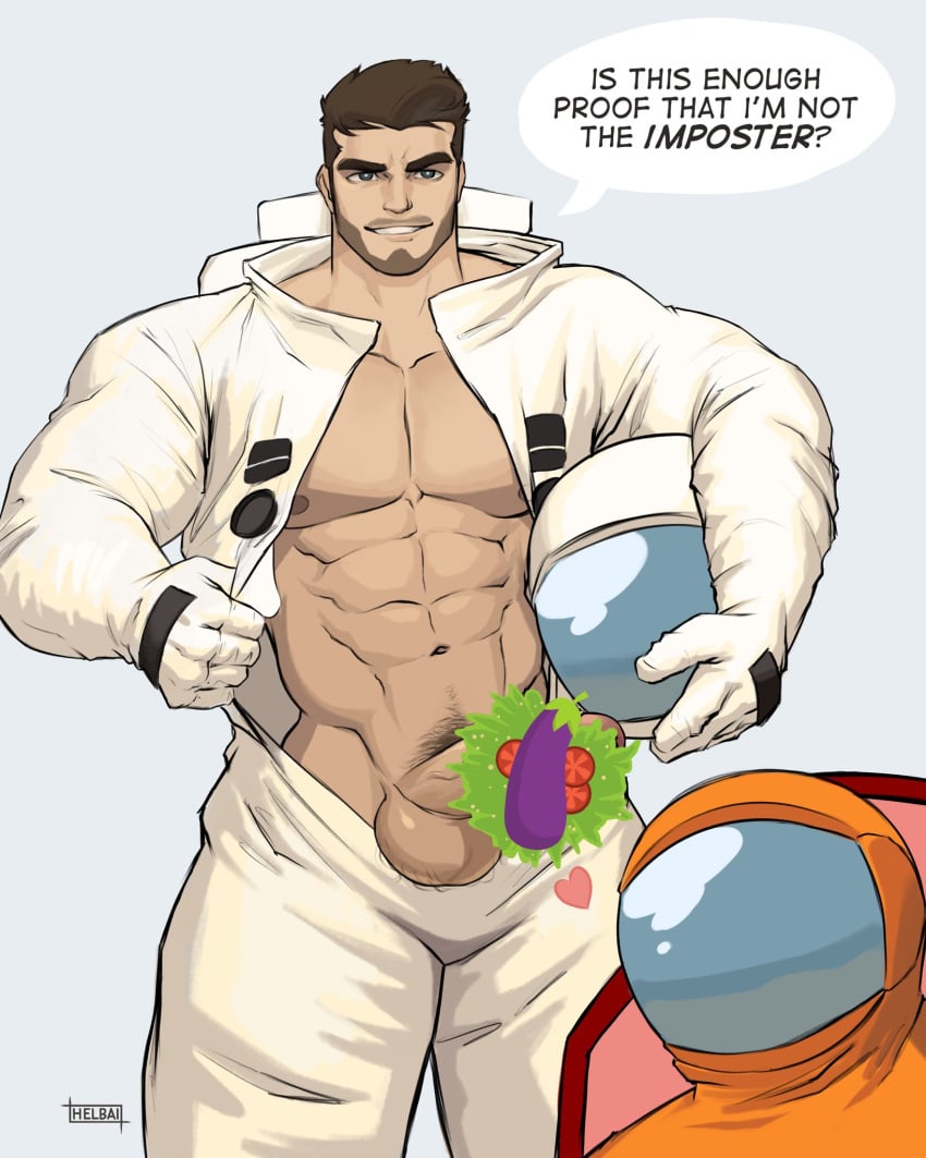 2boys abs among_us artist_name astronaut bara bare_pectorals black_hair bodysuit emoji emoji_censor english_text erection facial_hair gay helmet highres holding holding_helmet large_pectorals male_focus male_pubic_hair multiple_boys muscular muscular_male navel nipples open_bodysuit open_clothes orange_(among_us) pectorals penis pubic_hair short_hair smile space_helmet white_(among_us) white_bodysuit whyhelbram