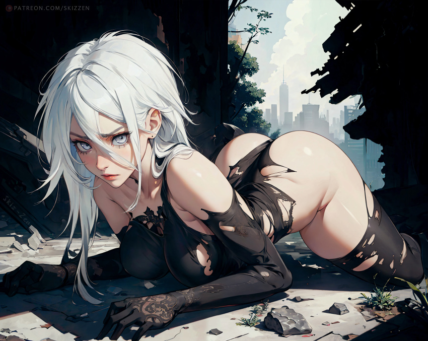 ai_generated ass black_clothing bottom_up gloves lying lying_on_stomach nier:_automata on_all_fours ripped_clothing ripped_clothing ripped_pants skizzen thighhighs top-down_bottom-up top_down white_eyes white_hair yorha_a2