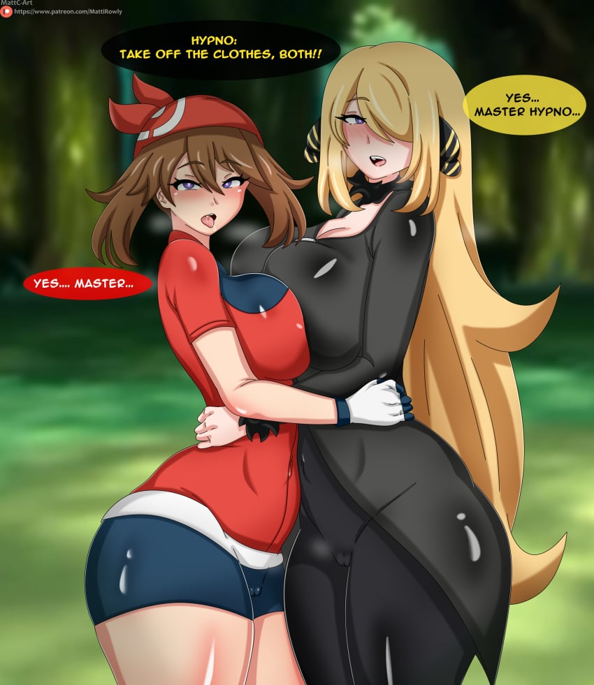 2girls alternate_breast_size big_breasts blonde_hair breasts busty curvaceous curvy curvy_body curvy_female curvy_figure cynthia_(pokemon) english_text female game_freak huge_breasts hypnosis hypnotic_eyes large_breasts mattc-art may_(pokemon) multiple_girls nintendo pokemon pokemon_(game) pokemon_dppt pokemon_rgby text thick_thighs thighs voluptuous