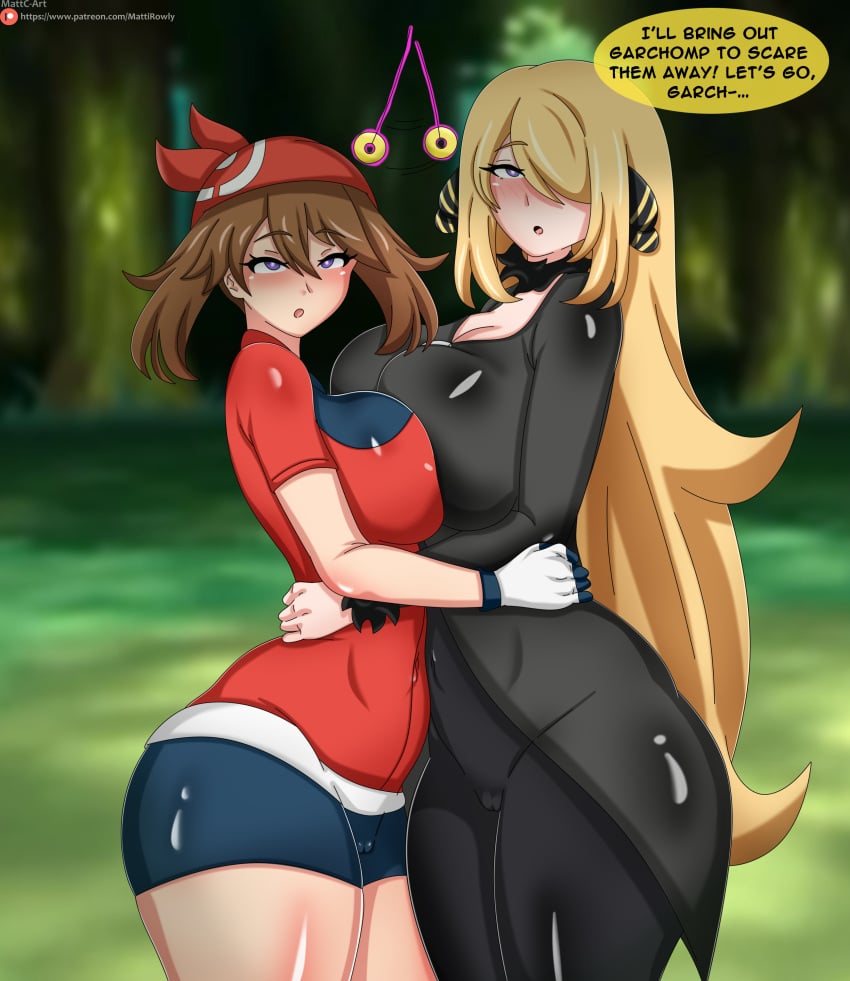 2girls alternate_breast_size big_breasts blonde_hair breasts curvaceous curvy curvy_body curvy_female curvy_figure cynthia_(pokemon) english_text female game_freak huge_breasts hypnosis large_breasts mattc-art may_(pokemon) multiple_girls nintendo pendulum pendulum_swinging pokemon pokemon_(game) pokemon_dppt pokemon_rgby text thick_thighs thighs voluptuous