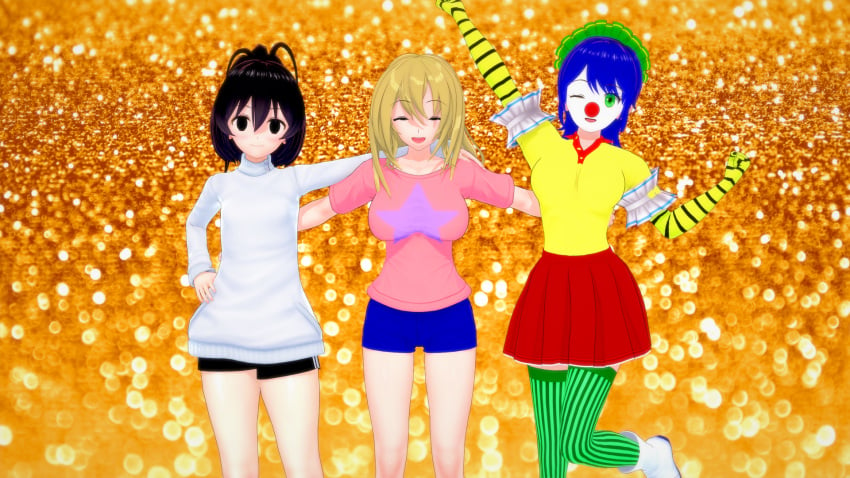 3d 3girls abby_(retropunch) black_hair black_shorts blonde_hair blue_hair blue_shorts boots breasts clarissa clarissa_(vodkthulhu-3d) clothed_female clown clown_girl clown_nose crossover elbow_gloves female female_only gloves green_thighhighs limb_(limbros) limbros long_hair long_sleeves multiple_girls pink_shirt pink_t-shirt red_skirt retropunch shirt short_hair short_shorts short_sleeves shorts skirt thighhighs vodkthulhu-3d white_boots white_shirt