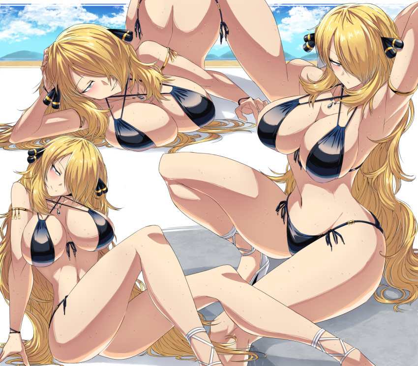 1girls ass beach blonde_hair breasts cynthia_(pokemon) female game_freak hair_over_one_eye hips huge_ass huge_breasts light-skinned_female light_skin long_hair multiple_poses nintendo outdoors pokemon pokemon_dppt slim_waist suzusiigasuki thick_thighs thighs wide_hips