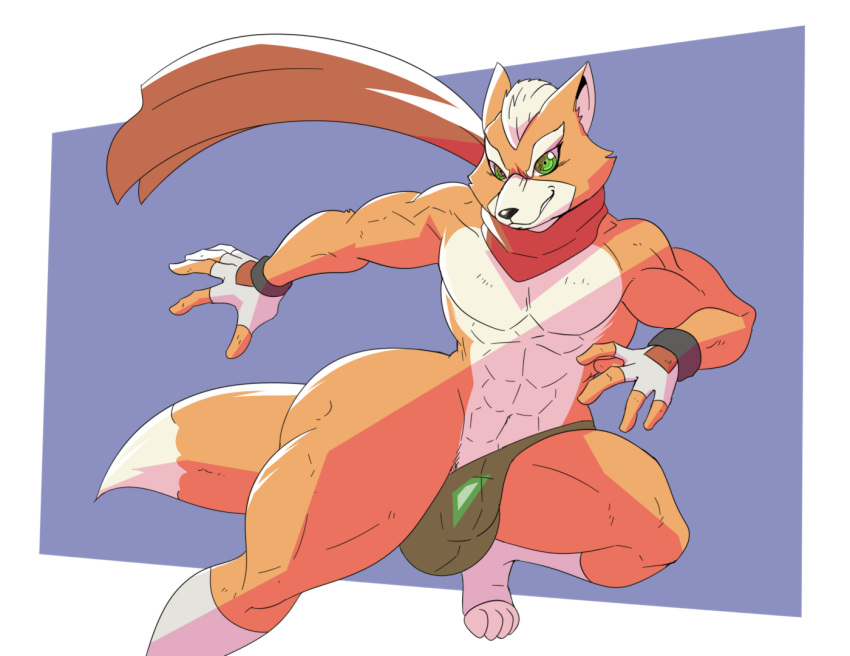 2023 a-side abs anthro ass ball_bulge big_butt bulge canid canine clothing detailed_bulge ears_up fingerless_gloves footwear fox fox_mccloud fur gloves green_eyes half_thong handwear looking_at_viewer male mammal muscular muscular_anthro muscular_arms muscular_male nintendo pose scarf smile smiling_at_viewer smirk solo star_fox thick_thighs thong toeless_footwear toeless_legwear underwear wide_hips