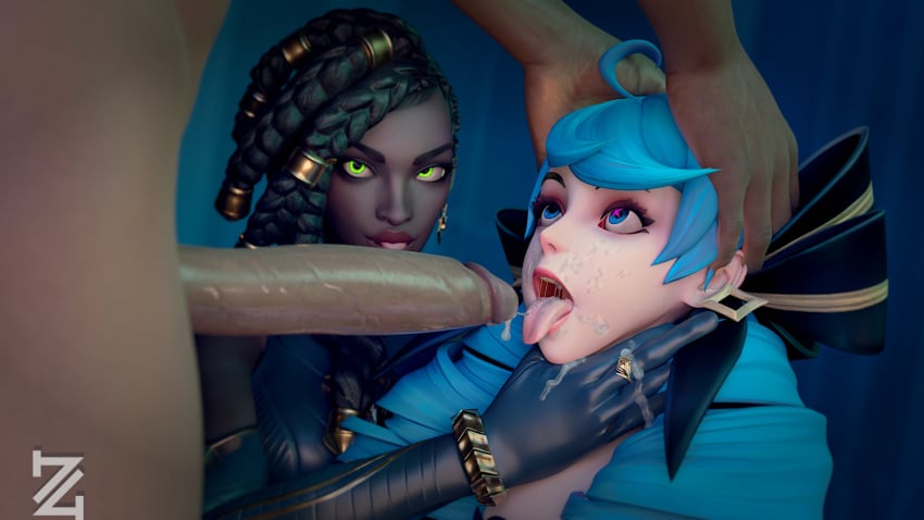 1boy 2girls 3d after_blowjob after_oral assisted_fellatio black_hair blowjob blue_eyes blue_hair chocolate_and_vanilla clothed clothing cum cum_in_mouth cum_on_face dark-skinned_female dark-skinned_male dark_skin dreadlocks green_eyes gwen_(league_of_legends) league_of_legends light-skinned_female light_skin nude nude_male open_mouth oral partial_male senna_(league_of_legends) undercut undercut_dreads zis2nsfw