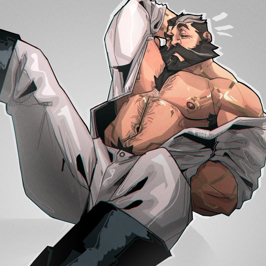 1boy 2021 abs arm_behind_head bara barazoku beard biceps blush chris_sdd clothing facial_hair gay hairy hairy_chest hi_res highres league_of_legends malcolm_graves male male_focus male_only male_pubic_hair manly muscles muscular muscular_arms muscular_male nipples riot_games sentinel_graves solo solo_male the_ruined_king_saga