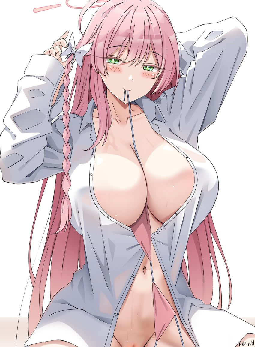 arms_up artist_name bikini blue_archive blush bow braid breasts cleavage closed_mouth collared_shirt female green_eyes hair_ornament hairbow halo hanako_(blue_archive) hanako_(swimsuit)_(blue_archive) highres keenh large_breasts long_hair long_sleeves looking_at_viewer make-up_work_club_(blue_archive) mouth_hold navel official_alternate_costume out-of-frame_censoring partially_unbuttoned pink_bikini pink_hair pussy pussy_peek shirt simple_background smile solo stomach swimsuit trinity_general_school_student white_background white_bow white_shirt