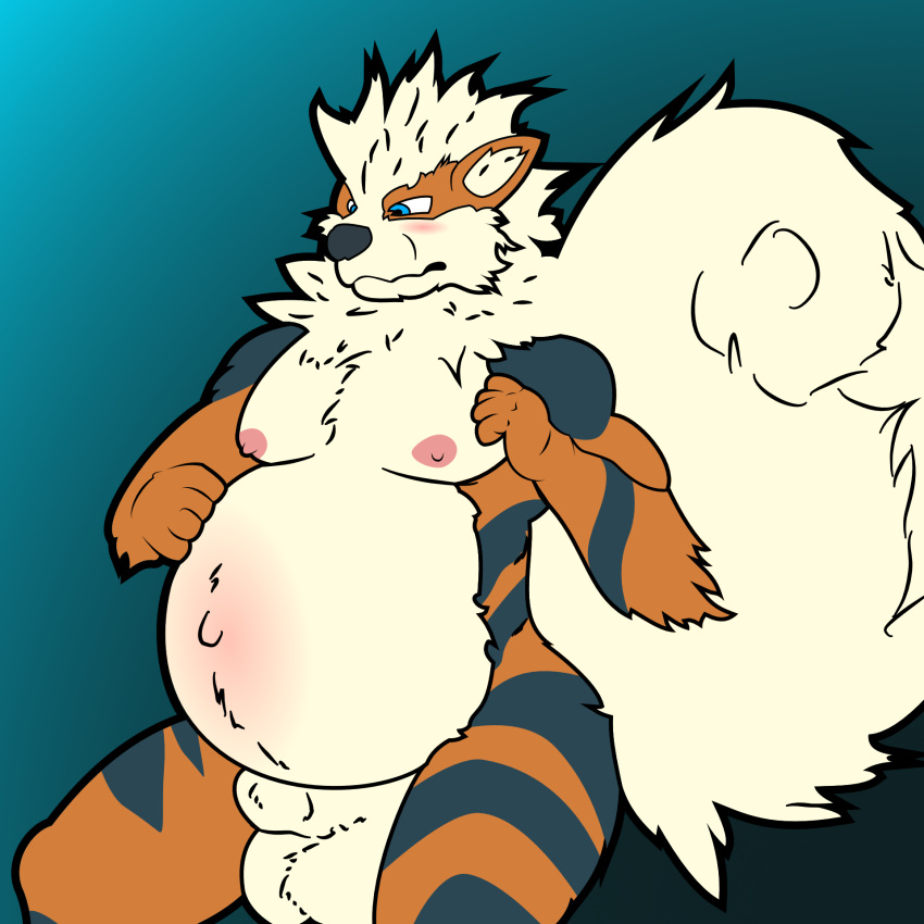 1:1 animal_genitalia anthro arcanine balls belly big_belly billybobjoey blue_eyes blush digital_media_(artwork) fur fuzzy_balls fuzzy_tail generation_1_pokemon genitals gradient_background hi_res male navel neck_tuft nintendo nipples nude orange_body orange_fur outline pokemon pokemon_(species) pregnant pregnant_male sheath simple_background solo stripes tail tan_body tan_fur tuft windie