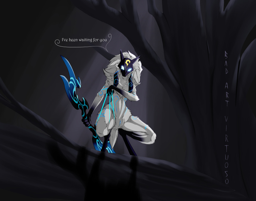 absurd_res anthro badartvirtuoso bovid caprine english_text female fur genitals glowing glowing_eyes glowing_markings hi_res kindred lamb_(league_of_legends) league_of_legends mammal markings mask pussy riot_games sheep solo text