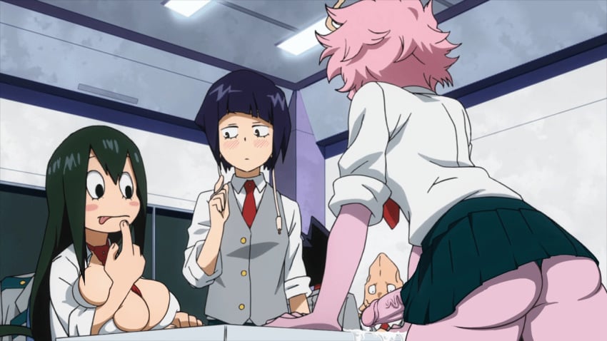 1futa 2girls accurate_art_style alternate_breast_size ass big_ass big_breasts big_butt big_penis blush boku_no_hero_academia breasts casual cleavage clothed clothing cum dripping dripping_cum edit edited edited_screencap erection female frog_girl froppy futanari huge_breasts human humanoid humanoid_penis intersex kyoka_jiro large_breasts light-skinned_female light_skin mina_ashido mostly_clothed my_hero_academia pale_skin penis penis_out public school_uniform screencap screenshot screenshot_edit self_upload short_skirt slime standing tie tsuyu_asui uniform visible_underwear yetig