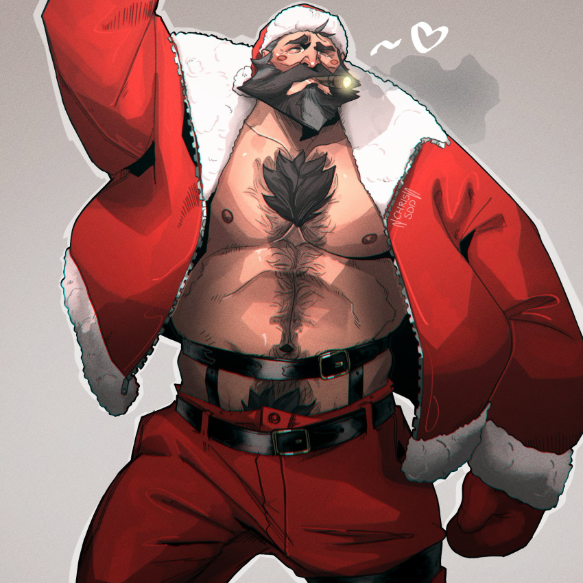 1boy 2021 abs bara barazoku beard biceps blush chris_sdd christmas clothing daddy facial_hair gay hairy hairy_chest hi_res highres league_of_legends malcolm_graves male male_focus male_only male_pubic_hair manly muscles muscular muscular_arms muscular_male nipples riot_games santa_costume solo solo_male