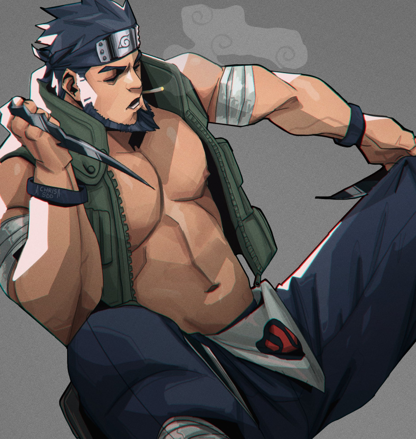 1boy 2022 abs bara barazoku beard biceps blush chris_sdd clothing facial_hair gay hairy hairy_chest hi_res highres male male_focus male_only male_pubic_hair manly muscles muscular muscular_arms muscular_male naruto naruto_(series) nipples sarutobi_asuma solo solo_male