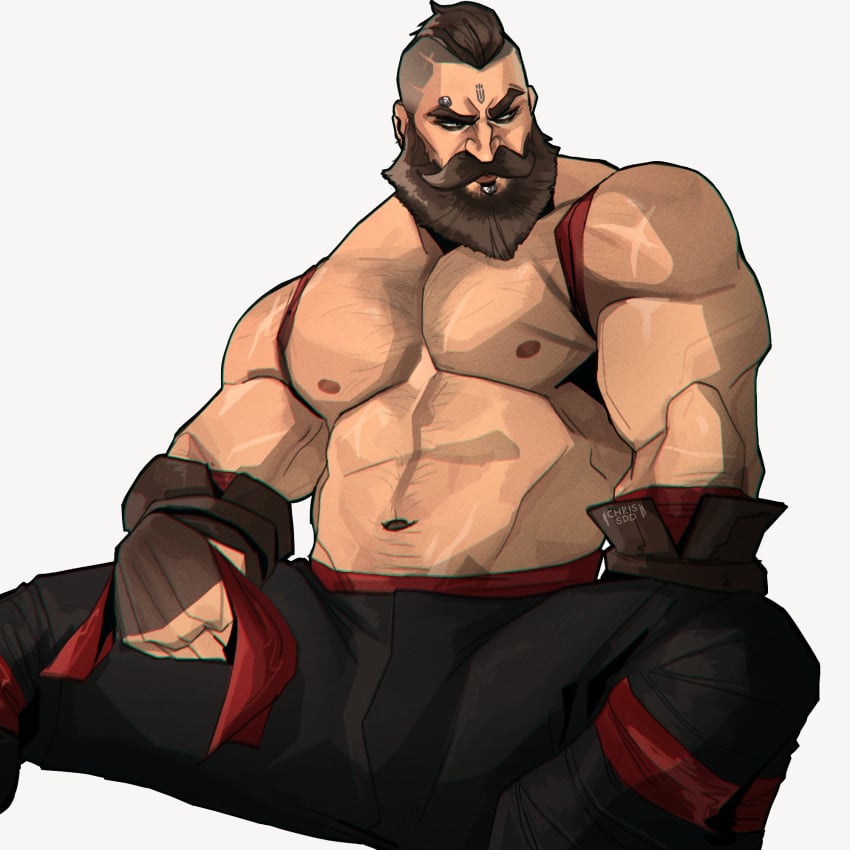 1boy 2022 abs arcane bara barazoku beard biceps blush chris_sdd clothing facial_hair gay hairy hairy_arms hairy_chest hi_res highres league_of_legends male male_focus male_only male_pubic_hair manly muscles muscular muscular_arms muscular_male nipples noxian_soldier rictus_(league_of_legends) riot_games scars_all_over solo solo_male