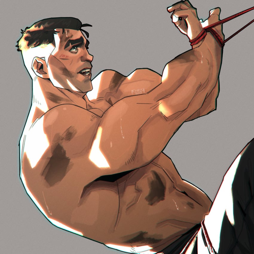 1boy 2022 abs arcane arcane_jayce bara barazoku biceps blush chris_sdd clothing gay hairy hi_res highres jayce_talis league_of_legends male male_focus male_only manly muscles muscular muscular_arms muscular_male nipples solo solo_male sweat