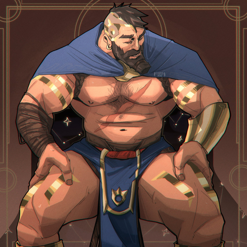 1boy 2022 abs atreus_(league_of_legends) bara barazoku beard biceps cape chris_sdd facial_hair gay hairy hairy_chest hi_res highres league_of_legends male male_focus male_only manly muscles muscular muscular_arms muscular_legs muscular_male muscular_thighs nipples pantheon riot_games solo solo_male spread_legs tattoos