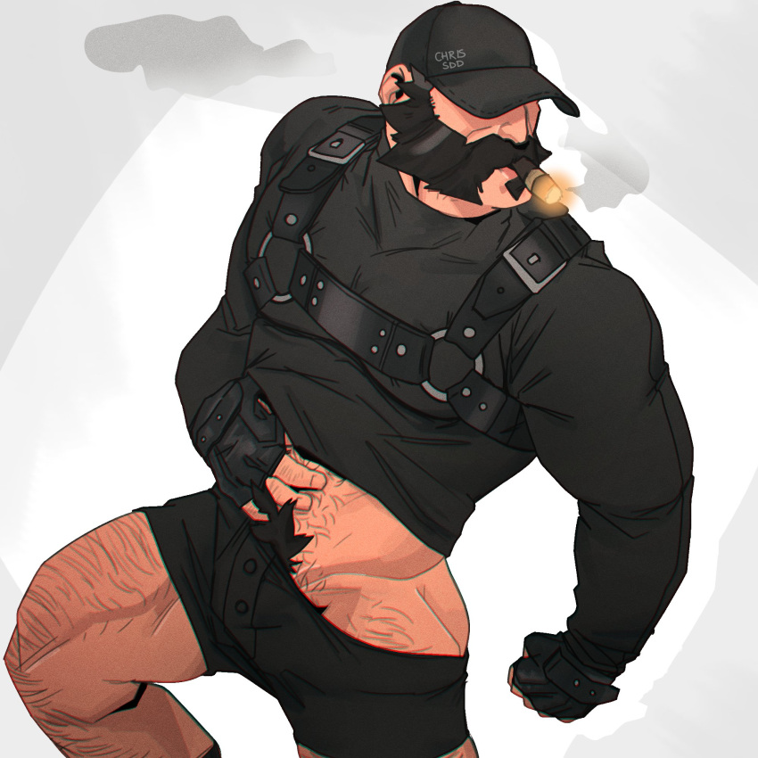 1boy 2021 abs artist_name bara barazoku baseball_cap biceps black_hair body_hair bulge chris_sdd cigar clothing facial_hair hairy_male harness hi_res highres human league_of_legends malcolm_graves male male_only male_pubic_hair manly mature_male muscles muscular_arms muscular_male mustache mutton_chops no_visible_genitalia pecs riot_games sideburns smoking solo soul_patch