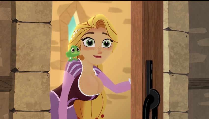 accurate_art_style bending_forward big_breasts blonde_female blonde_hair breasts chameleon cleavage cleavage_overflow corset disney disney_channel disney_princess edit edited edited_screencap freckles freckles_on_face large_breasts leaning_forward overflowing_breasts rapunzel screencap screenshot screenshot_edit self_upload tangled tangled:_the_series white_female yetig