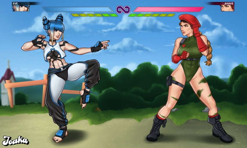 annie_(summertime_saga) braids cammy_white cammy_white_(cosplay) catfight church combat_boots cosplay eve_(summertime_saga) fighting_game fighting_stance health_bar joakadraws juri_han juri_han_(cosplay) multiple_girls street_fighter street_fighter_6 summertime_saga