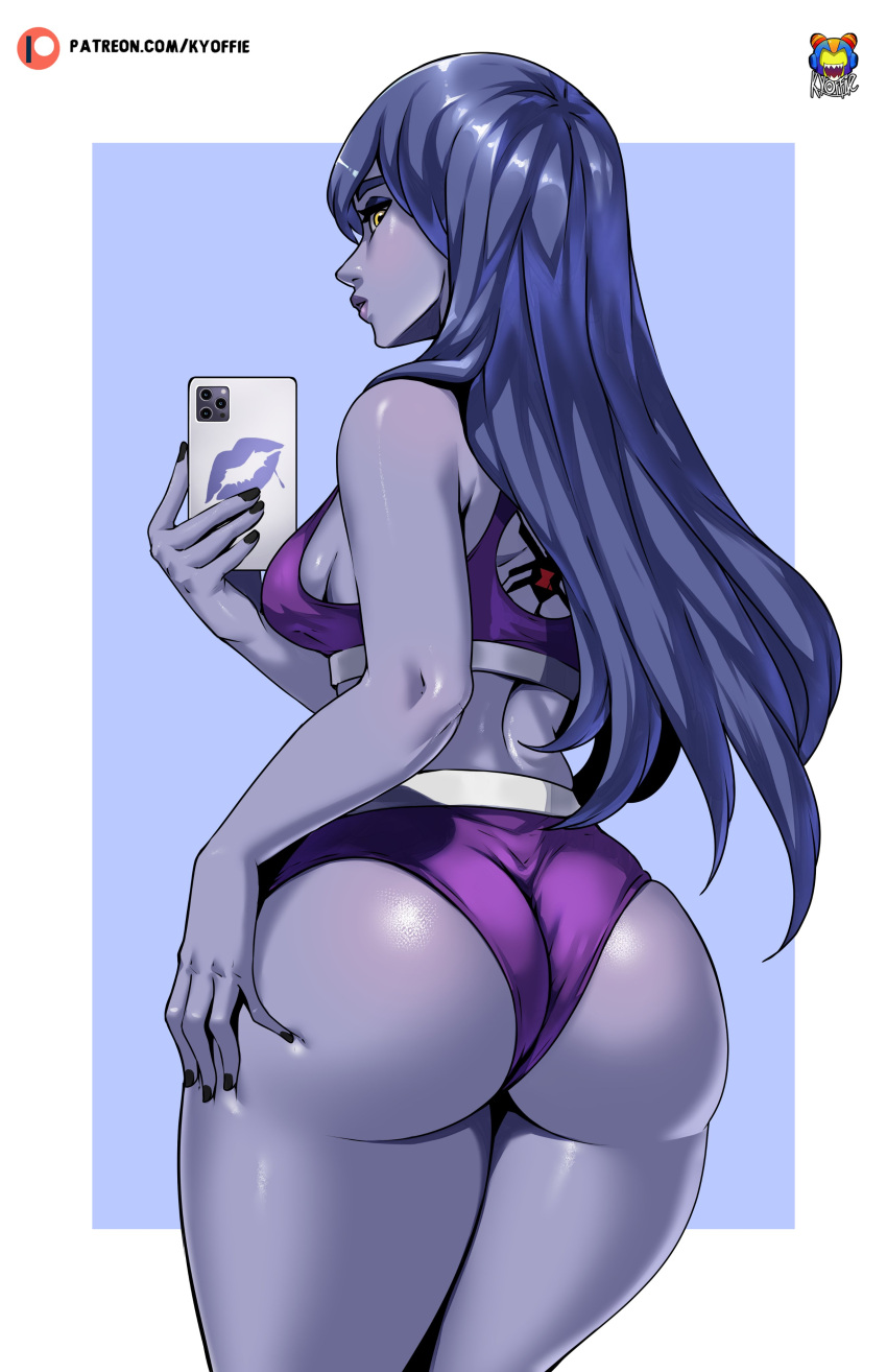 1girls abs amelie_lacroix ass big_ass big_breasts blizzard_entertainment female female_only fit fit_female gym kyoffie looking_at_viewer muscular muscular_female overwatch overwatch_2 phone purple_skin selfie short_shorts shorts solo sports_bra tattoo thick_thighs wide_hips widowmaker yellow_eyes