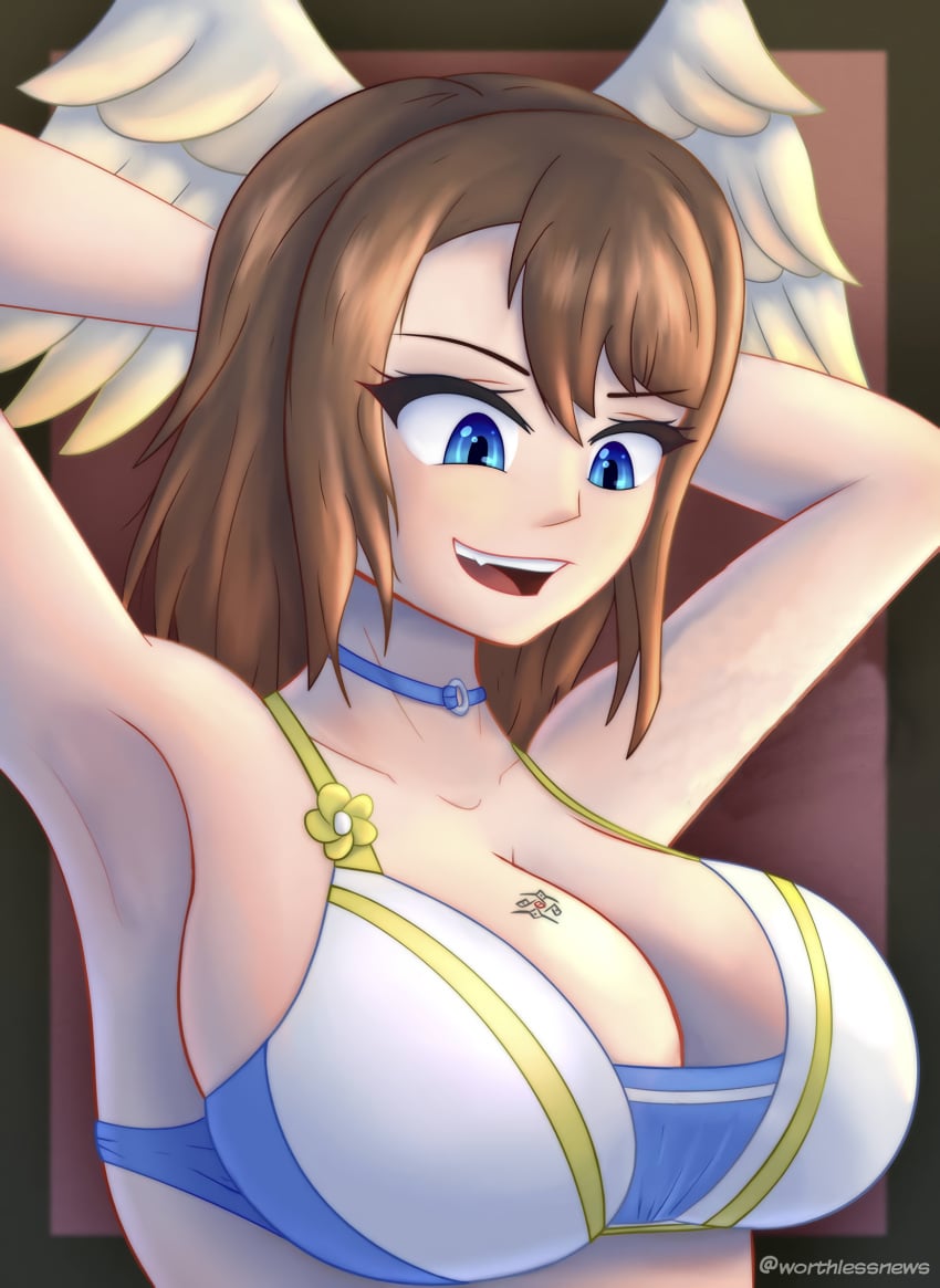 1girls armpits arms_behind_head between_breasts big_breasts bikini blue_eyes brown_hair busty chocker cleavage eunie_(xenoblade) exposed_shoulders hi_res light-skinned_female pose posing sensual sexy_armpits smile smug swimsuit tattoo tattoo_on_chest voluptuous wings_on_head worthlessnews xenoblade_(series) xenoblade_chronicles_3