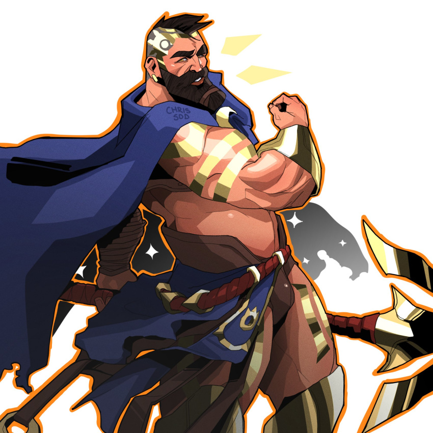 1boy 2021 abs atreus_(league_of_legends) bara barazoku beard biceps blush bulge cape chris_sdd clothing facial_hair gay hairy hi_res highres league_of_legends male male_focus male_only manly muscles muscular muscular_arms muscular_legs muscular_male muscular_thighs nipples pantheon riot_games solo solo_male tattoos