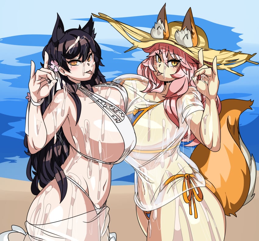 2girls absurd_res animal_humanoid atago_(azur_lane) atago_(summer_march)_(azur_lane) azur_lane beach big_breasts bikini black_hair bodily_fluids breast_to_breast breasts canid canid_humanoid canine canine_humanoid captain_kirb clothed clothing crossover cum cum_everywhere digital_media_(artwork) dog_humanoid duo duo_focus fate_(series) female fox fox_humanoid fox_shadow_puppet fur genital_fluids gesture group hair hi_res huge_breasts humanoid inner_ear_fluff lancer_tamamo-no-mae light-skinned_female light_skin mammal mammal_humanoid messy multiple_girls navel orange_body orange_fur orange_tail outside pink_hair sakura_empire_(azur_lane) sand seaside swimwear tail tamamo_no_mae_(fate) tuft type-moon yellow_eyes