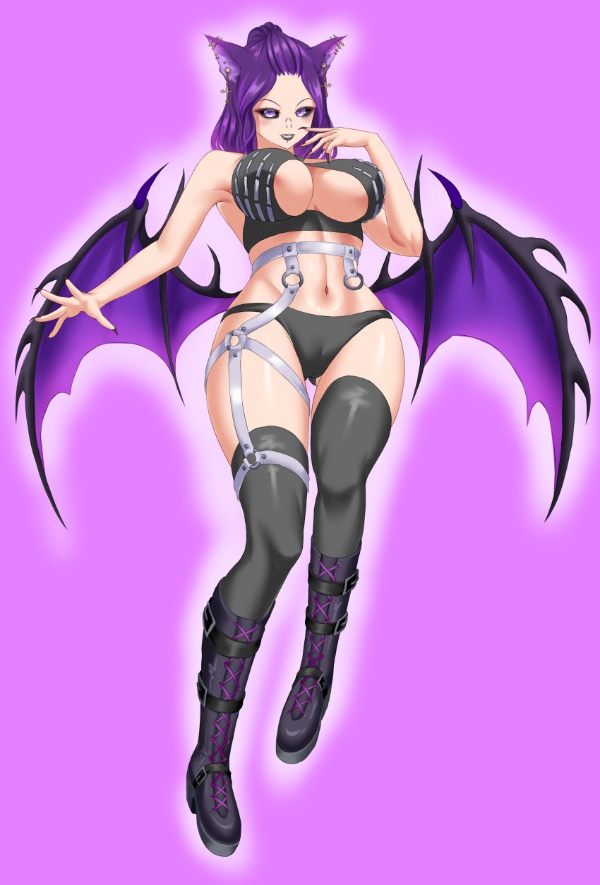 ass bat bat_ears bat_wings big_ass big_breasts big_butt big_thighs boobs boots dark_hair female female_only goth goth_girl nefarious_nao nefariousnao neffy_the_bat pierced_ears punk_girl purple_background purple_eyes purple_hair thigh_highs