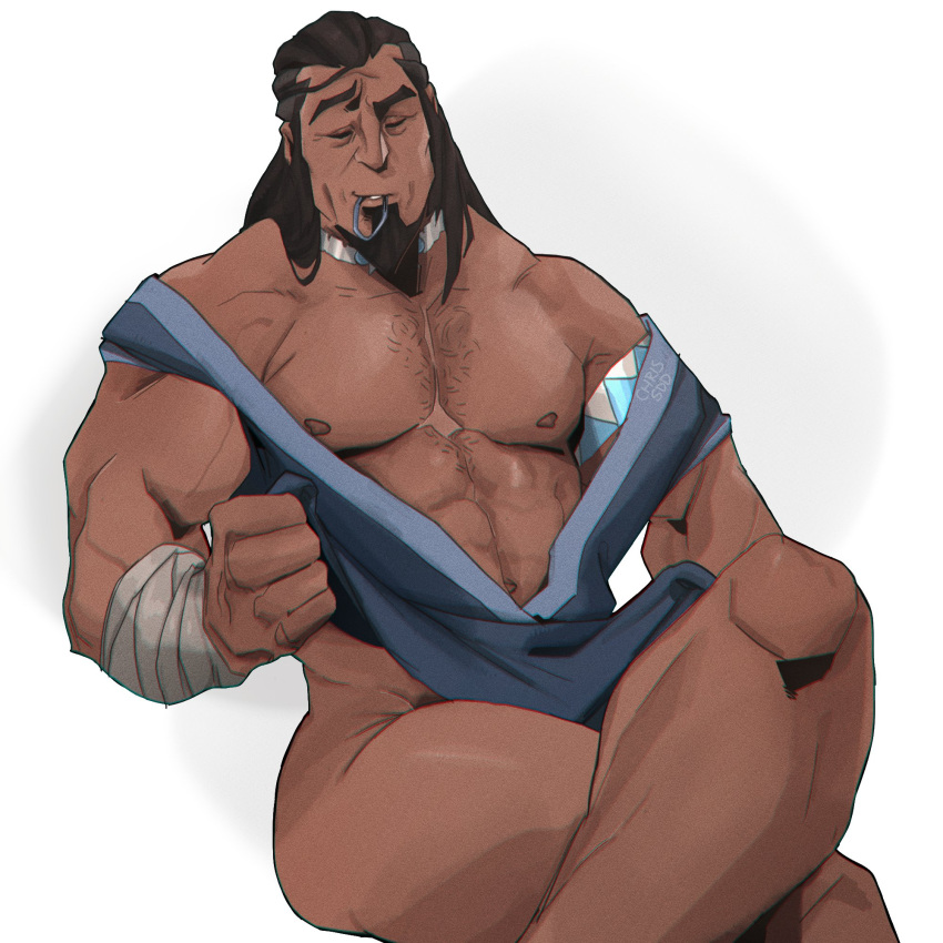 1boy 2021 abs avatar_legends bara barazoku beard biceps blush chris_sdd clothing dark-skinned_male dark_skin facial_hair gay hairy hairy_chest hi_res highres male male_focus male_only manly muscles muscular muscular_arms muscular_legs muscular_male muscular_thighs nickelodeon nipples solo solo_male taking_clothes_off the_legend_of_korra tonraq water_tribe