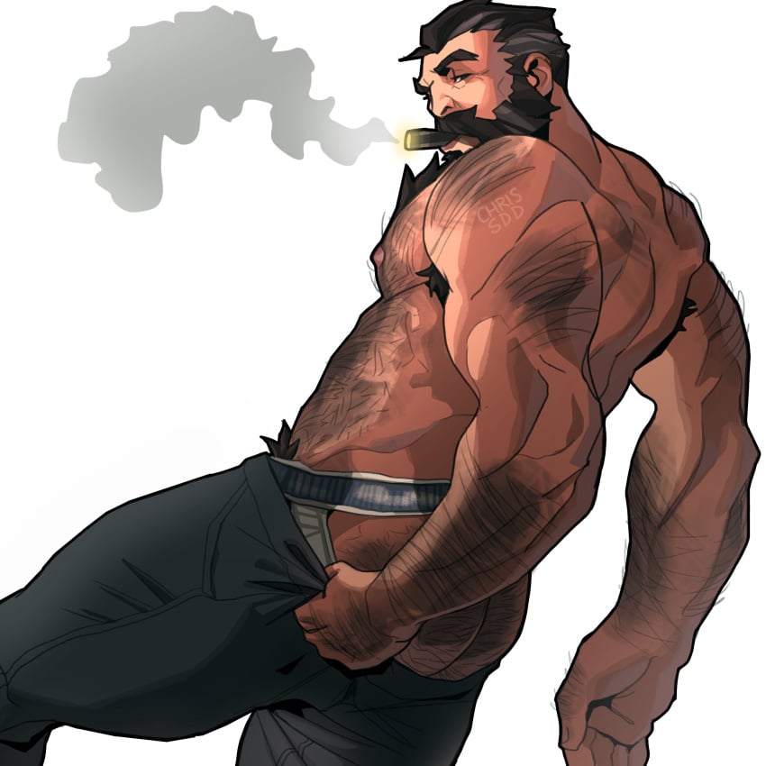 1boy 2021 abs armpit_hair ass bara barazoku beard biceps blush chris_sdd clothing daddy facial_hair gay graves_(league_of_legends) hairy hairy_arms hairy_chest hi_res highres jockstrap league_of_legends male male_focus male_only male_pubic_hair manly muscles muscular muscular_arms muscular_male nipples riot_games solo solo_male taking_clothes_off