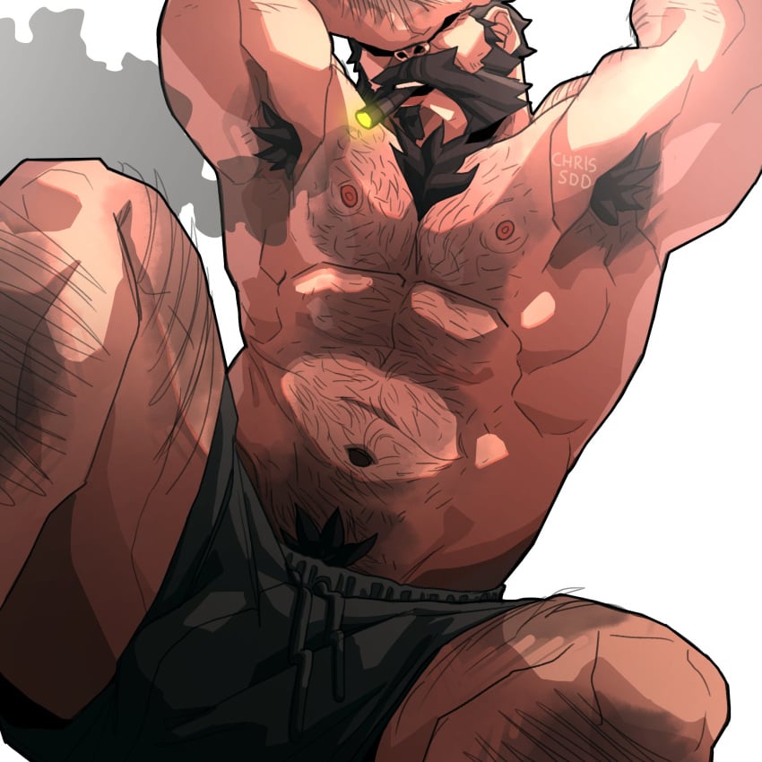 1boy 2021 abs armpit_hair bara barazoku beard biceps blush bulge chris_sdd clothing daddy facial_hair gay graves_(league_of_legends) hairy hairy_arms hairy_chest hi_res highres league_of_legends male male_focus male_only male_pubic_hair manly muscles muscular muscular_arms muscular_male nipples riot_games solo solo_male