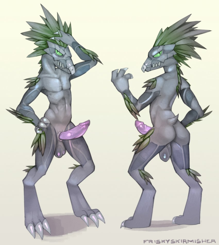 3_fingers 3_toes alien animal_genitalia animal_penis anthro arm_feathers ass avian back_feathers backsack balls beak claws colored digitigrade erection feathers feet finger_claws fingers friskyskirmisher front_view genitals glans green_body green_eyes green_feather_hair green_feathers grey_body grey_skin halo_(series) hand_on_head hand_on_hip hi_res kig-yar looking_at_viewer looking_back looking_back_at_viewer male microsoft model_sheet non-mammal_balls nude penis pose pupils purple_penis raised_arm rear_view scalie sheath short_tail simple_background slit_pupils solo standing t'vaoan tail teeth toe_claws toes white_background white_claws xbox_game_studios