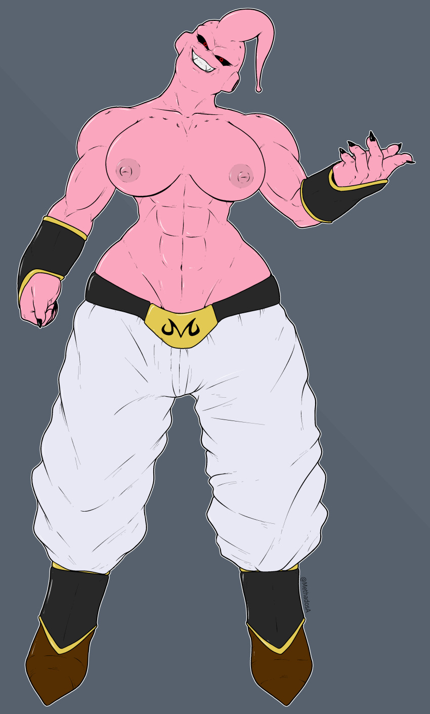 abs baggy_pants big_breasts black_sclera breasts curvy_figure dragon_ball dragon_ball_z evil_smile genderswap genderswap_(mtf) majin_buu methados muscular_female nightmare_waifu pink_skin red_eyes rule_63 smirk super_buu topless