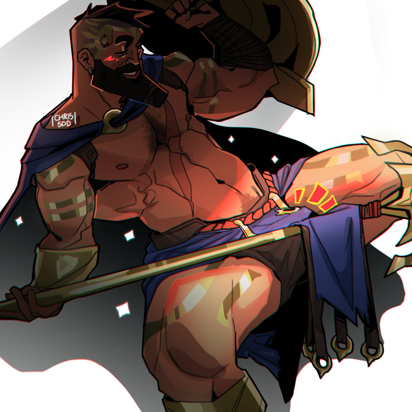 1boy 2021 abs atreus_(league_of_legends) bara barazoku beard biceps blush bulge cape chris_sdd clothing facial_hair gay hairy hairy_chest hi_res highres league_of_legends male male_focus male_only male_pubic_hair manly muscles muscular muscular_arms muscular_male nipples pantheon riot_games solo solo_male tattoos