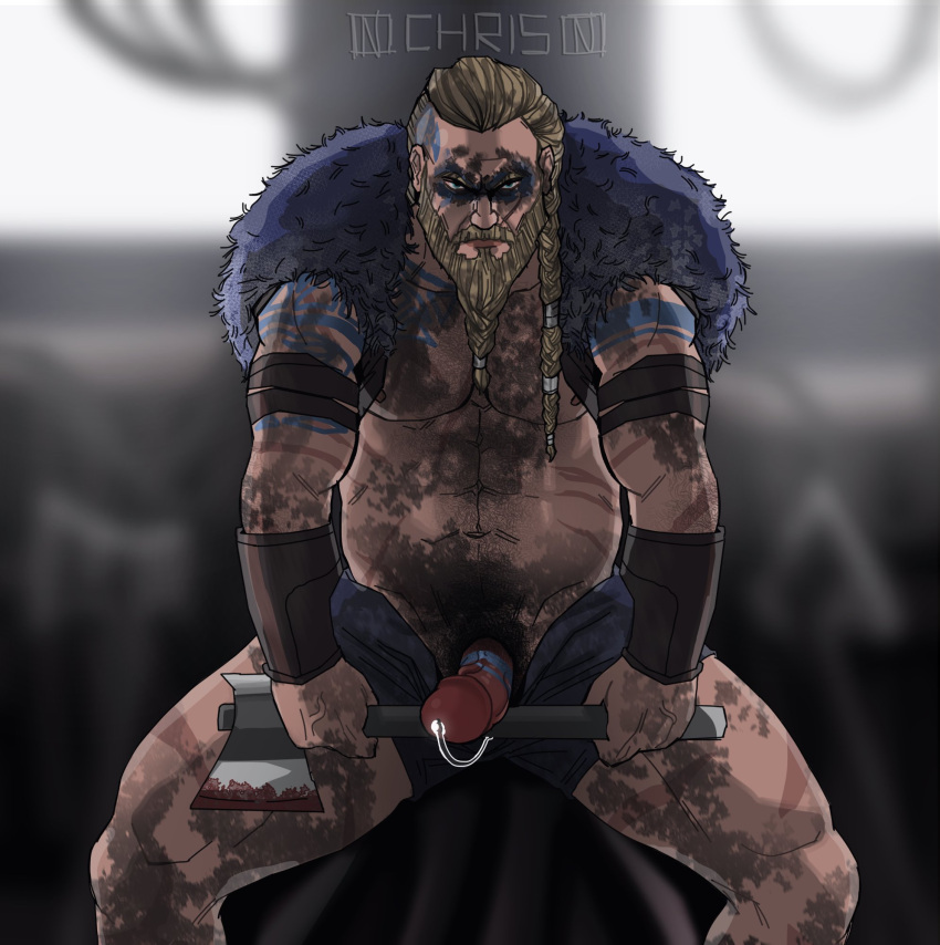 1boy 2020 abs assassin's_creed_(series) assassin's_creed_valhalla bara barazoku beard biceps big_penis blonde_hair chris_sdd clothing eivor_varinsson erection facial_hair gay hairy hi_res highres looking_at_viewer male male_focus male_only manly muscles muscular muscular_arms muscular_legs muscular_male muscular_thighs nipples no_male_underwear nsfw_chrsdd nude penis precum precum_drip solo solo_male spread_legs tattoo ubisoft vein veiny_penis viking