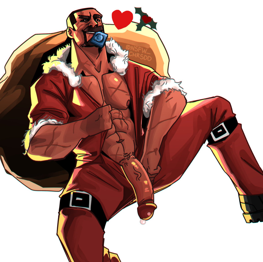 1boy 2020 abs activision bara barazoku beard biceps big_penis chris_sdd christmas clothing dark-skinned_male facial_hair gabriel_reyes gay hairy half-erect hi_res highres male male_focus male_only male_pubic_hair manly muscles muscular muscular_arms muscular_male nipples nsfw_chrsdd overwatch overwatch_2 penis reaper santa_costume solo solo_male spread_legs vein veiny_penis