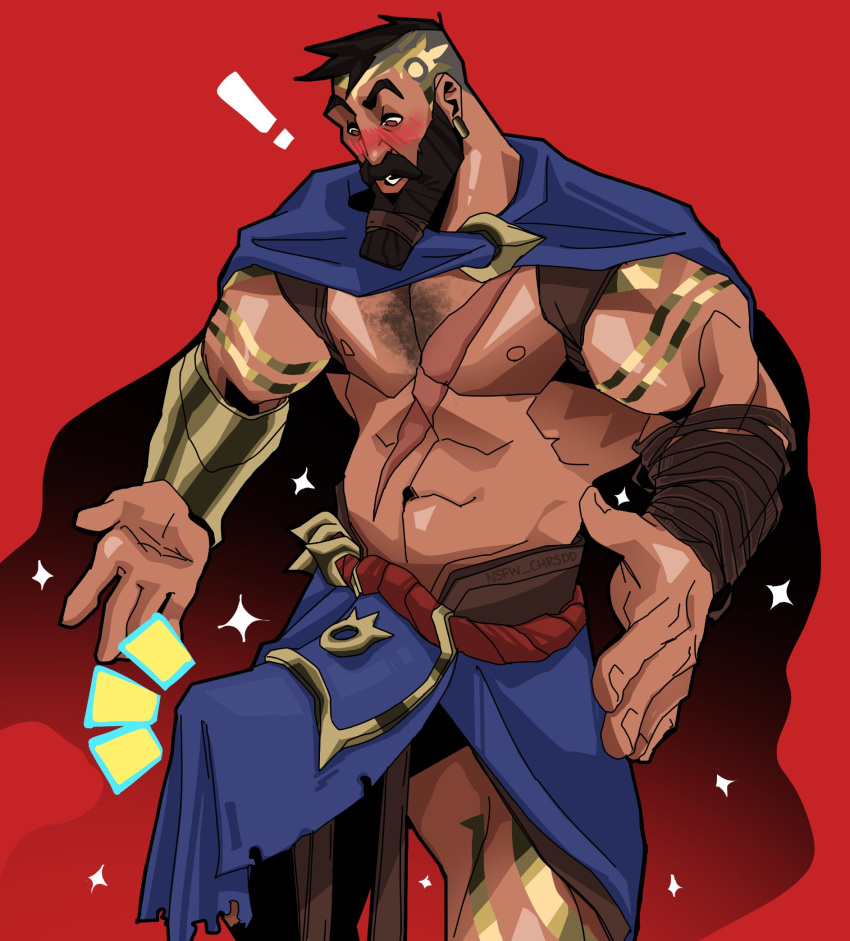 1boy 2021 abs atreus_(league_of_legends) bara barazoku beard biceps big_bulge blush bulge cape chris_sdd clothing erection erection_under_clothes facial_hair gay hairy hi_res highres huge_bulge league_of_legends male male_focus male_only male_pubic_hair manly muscles muscular muscular_arms muscular_male nipples nsfw_chrsdd pantheon penis_outline riot_games scar solo solo_male tattoos