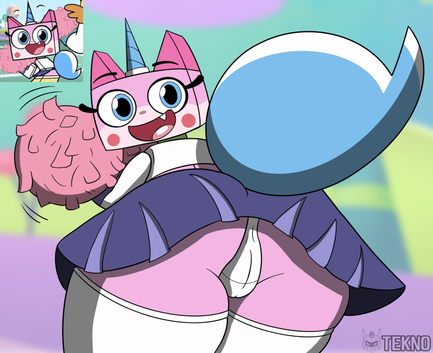 1girls alternate_version_available ass butt catgirl cheerleader cheerleader_uniform female female_only looking_at_viewer looking_back open_mouth open_smile panties pom_poms skirt smile solo solo_female tail teknomekanoid the_lego_movie unikitty unikitty! unikitty_(series) upskirt