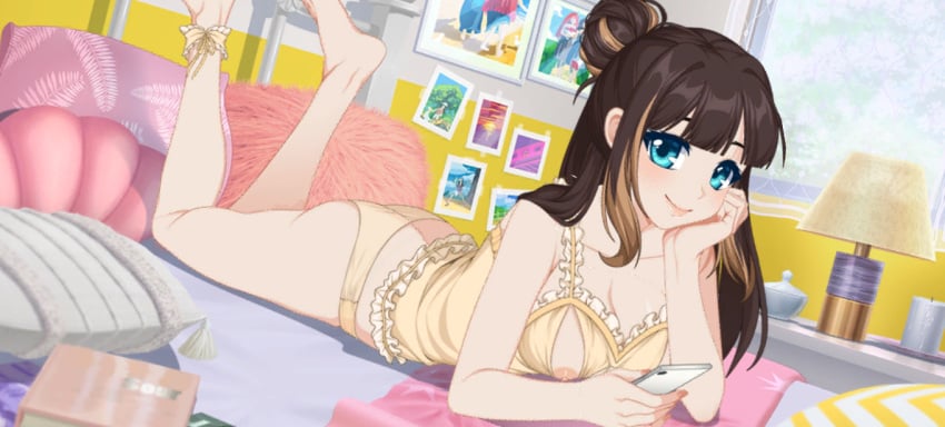 1girls accurate_art_style breasts brown_hair crush_crush lingerie on_stomach peanut_(crush_crush) sad_panda_studios two_tone_hair