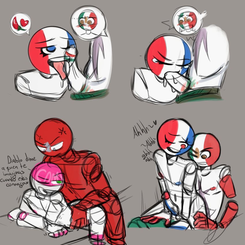 4boys blush cdmx_(statehumans) countryhumans doodle france_(countryhumans) grey_background heart male male_only mexico_(countryhumans) moscow_(statehumans) oral oral_sex red_body red_skin saliva simple_background spanish_text statehumans text yaoi