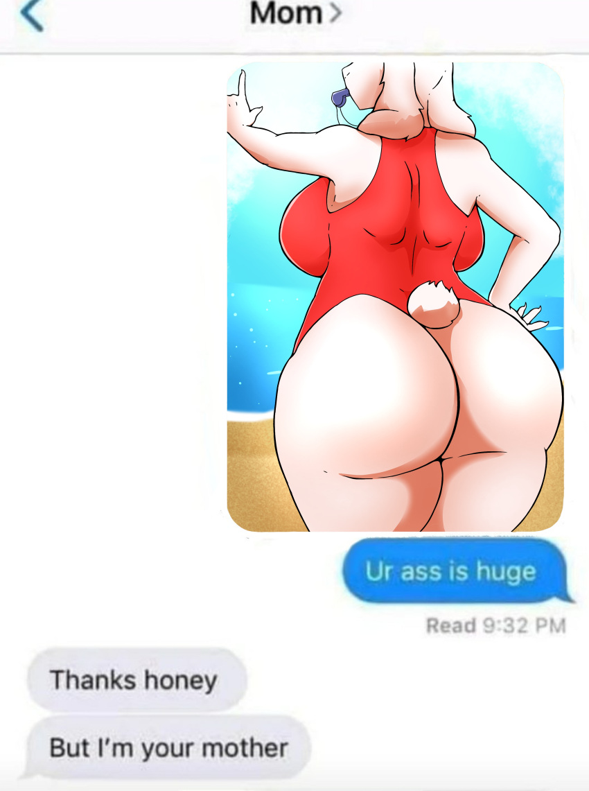 anthro armpits ass back_view beach behind_view big_ass big_breasts big_butt breasts chat chat_log frederickjdraws fur furry goat goat_girl goat_humanoid meme milf monster monster_girl size_talk swimsuit tail text text_box texting thick_thighs toriel undertale undertale_(series) ur_ass_is_huge wide_hips