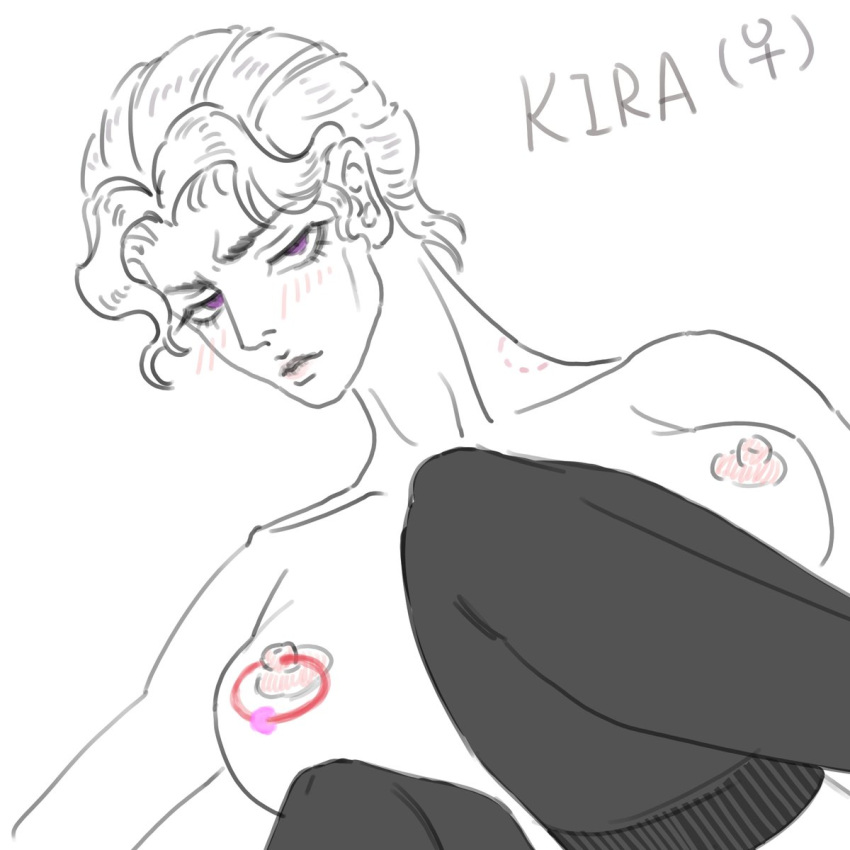 1girls blush blush_lines blushing_at_viewer breasts breasts_out diamond_is_unbreakable displeased female genderswap_(mtf) jojo's_bizarre_adventure kira_yoshikage looking_at_viewer looking_back_at_viewer nipple_piercing nipple_rings rule_63 shirtless_female shounen_jump stockings thigh_highs thighhighs unhappy_female yoshikage_kira