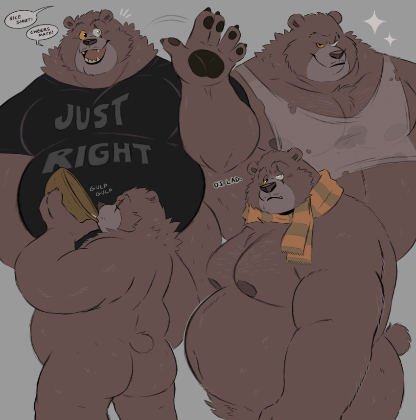 anthro anthro_only bear belly brown_fur butt fairy_tales fur goldilocks_and_the_three_bears grizzly_bear large_butt literature male male_only musclegut papa_bear papa_bear_(puss_in_boots) paws public_domain puss_in_boots_the_last_wish scarf shirt splashbeaw stomach tail ursine