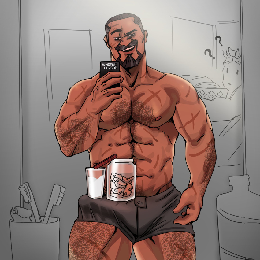 1boy 2020 abs activision bara barazoku beard biceps big_bulge bulge bulge_through_clothing chris_sdd dark-skinned_male erection_under_clothes facial_hair gabriel_reyes gay hairy hairy_arms hairy_chest hi_res highres huge_bulge looking_at_viewer male male_focus male_only male_pubic_hair manly muscles muscular muscular_arms muscular_male nipples nsfw_chrsdd overwatch overwatch_2 penis_outline reaper solo solo_male