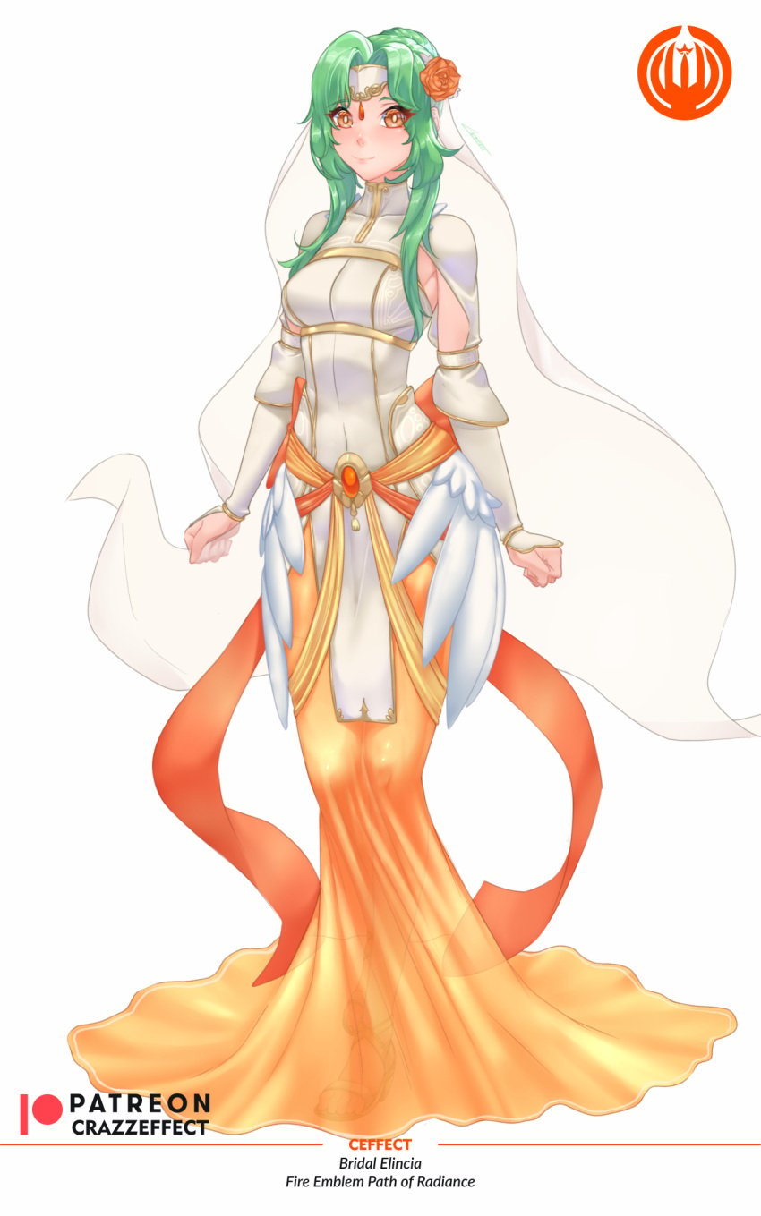 1girls alternate_costume breasts bridal_veil bride crazzeffect dress elincia_ridell_crimea female female_only fire_emblem fire_emblem:_path_of_radiance fire_emblem:_radiant_dawn flower full_body green_hair hair_flower high_heels long_hair looking_at_viewer nintendo orange_eyes see-through small_breasts smile solo wedding_dress white_background