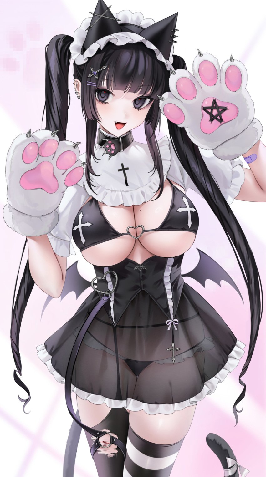 1girls beauty_mark black_eyes bra bruise cat_ears cat_gloves cat_paws catgirl collar cross demon_wings fangs female female_only huge_breasts light-skinned_female light_skin maid maid_headdress maid_outfit maid_uniform ompf original panties red_pupils see-through_clothing see-through_skirt smile solo torn_legwear