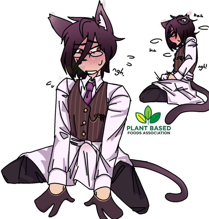 1boy apron blush boner bulge cat_ears cat_tail catboy clothing english_text erection_under_clothes fennel_(nekopara_catboy_paradise) glasses gloves kneeling light-skinned_male light_skin male male_only masturbating masturbation necktie nekopara_catboy_paradise panting plant-based purple_hair red_eyes solo solo_male uniform vest waistcoat