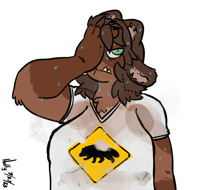 4_ears absurd_res anthro big_breasts bodily_fluids breasts brown_body brown_fur brown_hair canid canine fangs female fingers_in_hair fur graphic_tee green_eyes hair hi_res looking_away mammal messy_hair multi_ear overweight raccoon_dog solo sweat tanuki tanukidisaster_(artist) teeth underbite yellow_teeth