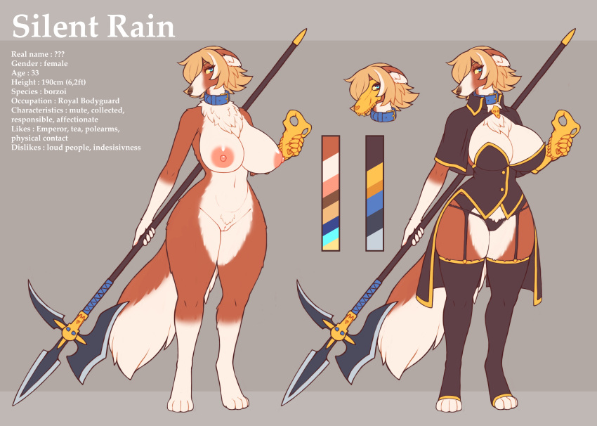 2023 4_toes 5_fingers absurd_res anthro areola armor big_breasts biped blonde_eyebrows blonde_hair blue_collar blue_eyes borzoi breasts brown_body brown_ears brown_fur brown_nose brown_tail canid canine canis cleavage clothed clothing collar corset crotch_tuft digitigrade dobrota domestic_dog english_text eyebrows eyelashes feet female fingers fluffy fluffy_tail fur gauntlets genitals gloves gloves_(marking) grey_background hair halberd handwear hi_res holding_mask holding_object holding_weapon hunting_dog inner_ear_fluff leg_markings legwear lingerie long_tail looking_at_viewer mammal markings melee_weapon model_sheet multicolored_body multicolored_fur nipples nude panties pink_areola pink_nipples polearm pussy short_hair sighthound silent_rain simple_background socks_(marking) solo standing tail text thick_thighs thigh_highs toes topwear tuft two_tone_body two_tone_fur two_tone_tail underwear weapon white_body white_fur white_inner_ear white_inner_ear_fluff white_markings white_tail wide_hips yellow_sclera