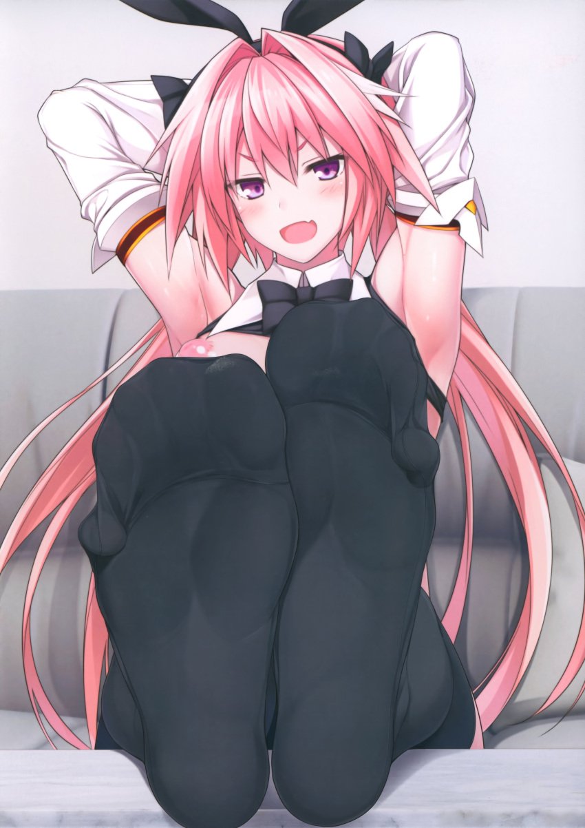 1boy absurd_res armpits arms_behind_head arms_up astolfo_(fate) black_legwear black_socks bow bowtie breasts exposed_breasts fate/grand_order fate_(series) feet femboy foot_fetish foot_focus highres long_hair male male_focus male_only naturalton nipples no_shoes open_mouth otoko_no_ko pink_hair puffy_nipples sitting smile sock_fetish socks soles solo spread_toes stockings thighhighs toes trap