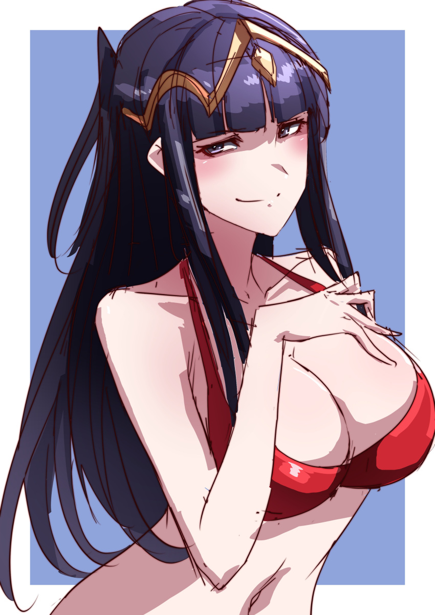 1girls absurdres alternate_costume bare_shoulders bikini black_hair blunt_bangs breasts cleavage collarbone female female female_only fire_emblem fire_emblem_awakening grey_eyes hair_ornament highres large_breasts long_hair looking_at_viewer navel nintendo red_bikini red_swimsuit smile solo swimsuit tharja_(fire_emblem) to_(tototo_tk) twintails upper_body