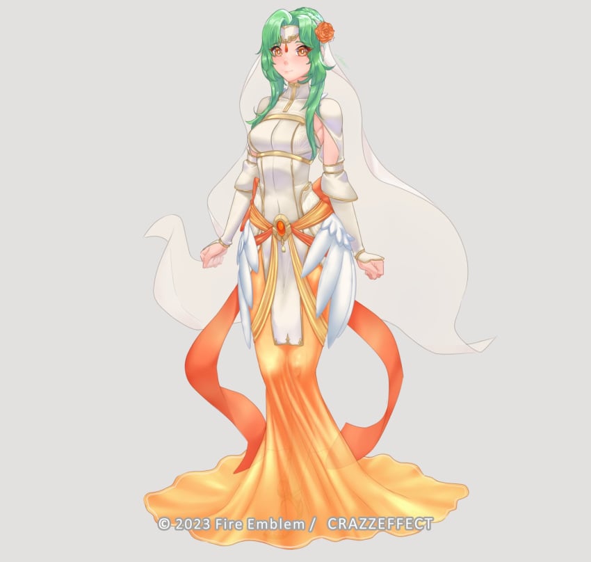 1girls alternate_costume breasts bridal_veil bride crazzeffect dress elincia_ridell_crimea female female_only fire_emblem fire_emblem:_path_of_radiance fire_emblem:_radiant_dawn flower full_body green_hair grey_background hair_flower high_heels long_hair looking_at_viewer nintendo orange_eyes see-through small_breasts smile solo wedding_dress